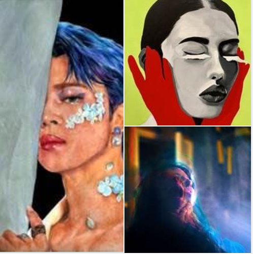 Three winning art pieces in a collage