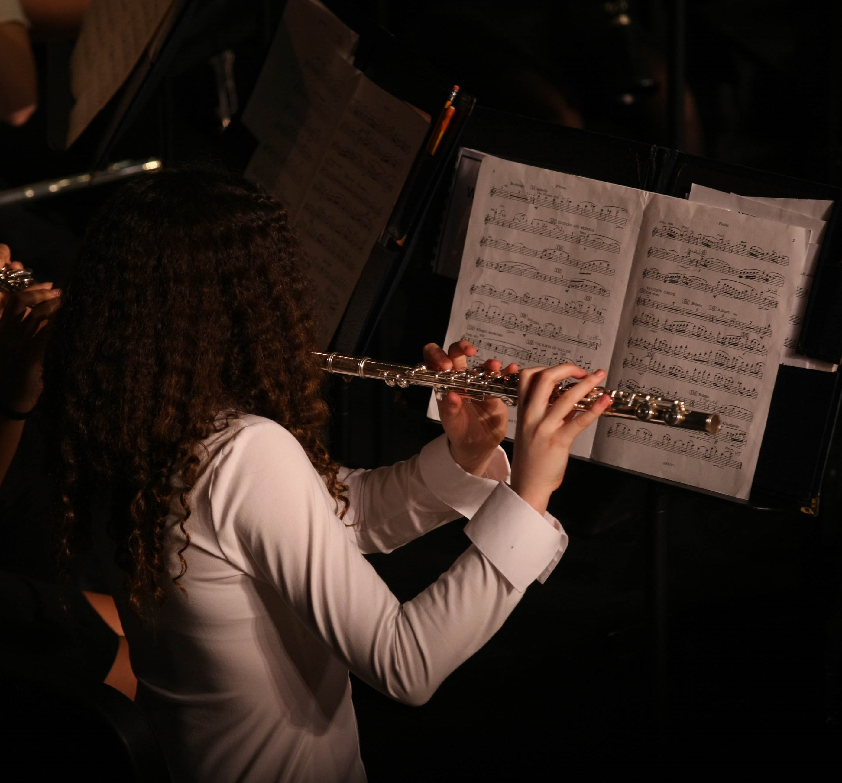 Photo looking over a flute player's back showing the flute and music