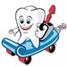 Cartoon of a tooth riding on a skateboard
