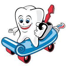 Cartoon of a tooth riding on a skateboard