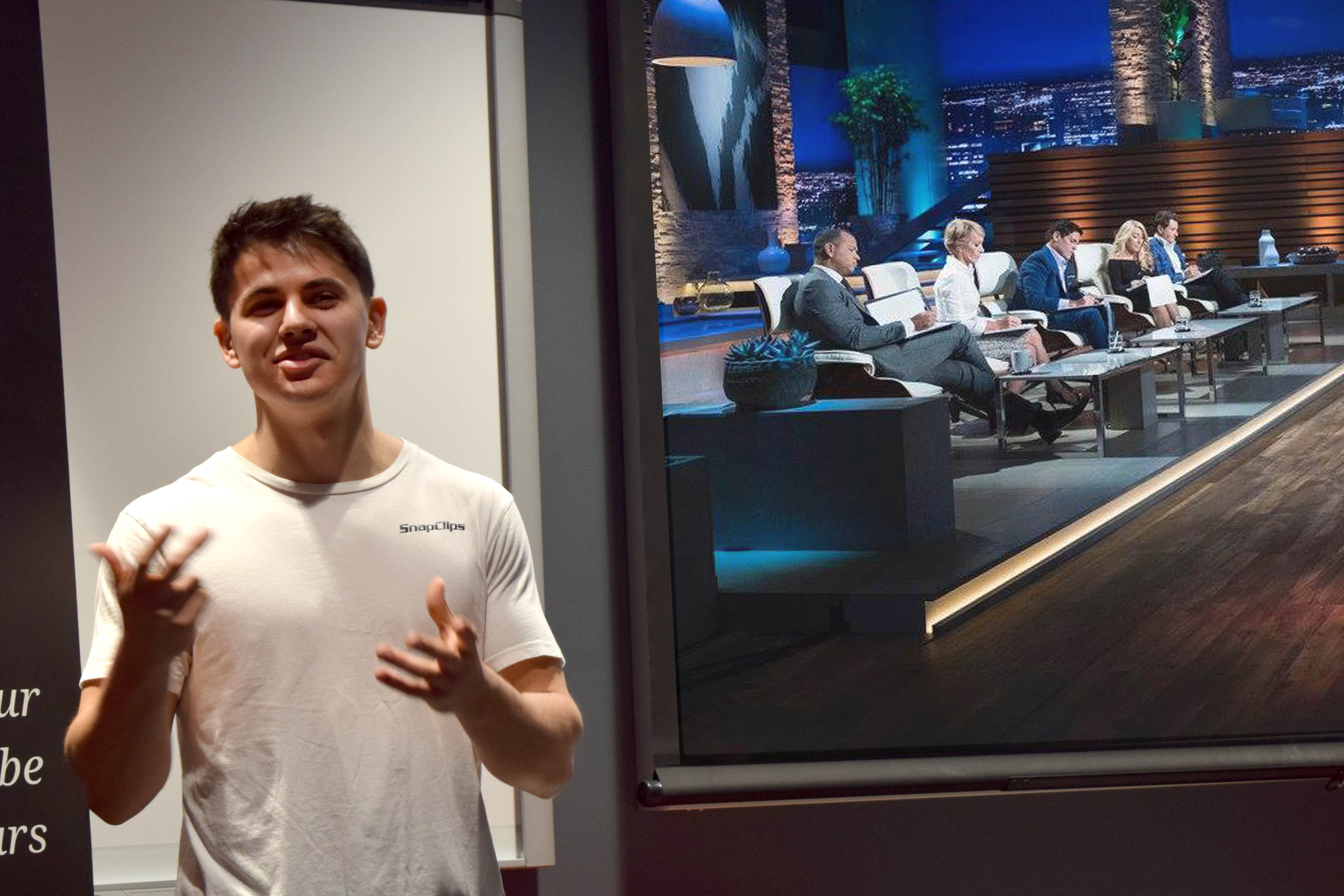 Martin Dimitrov speaks with Business Incubator students while showing a slide of his appearance on Shark Tank