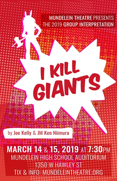 Red poster with white lettering announcing the Group Interpretation show